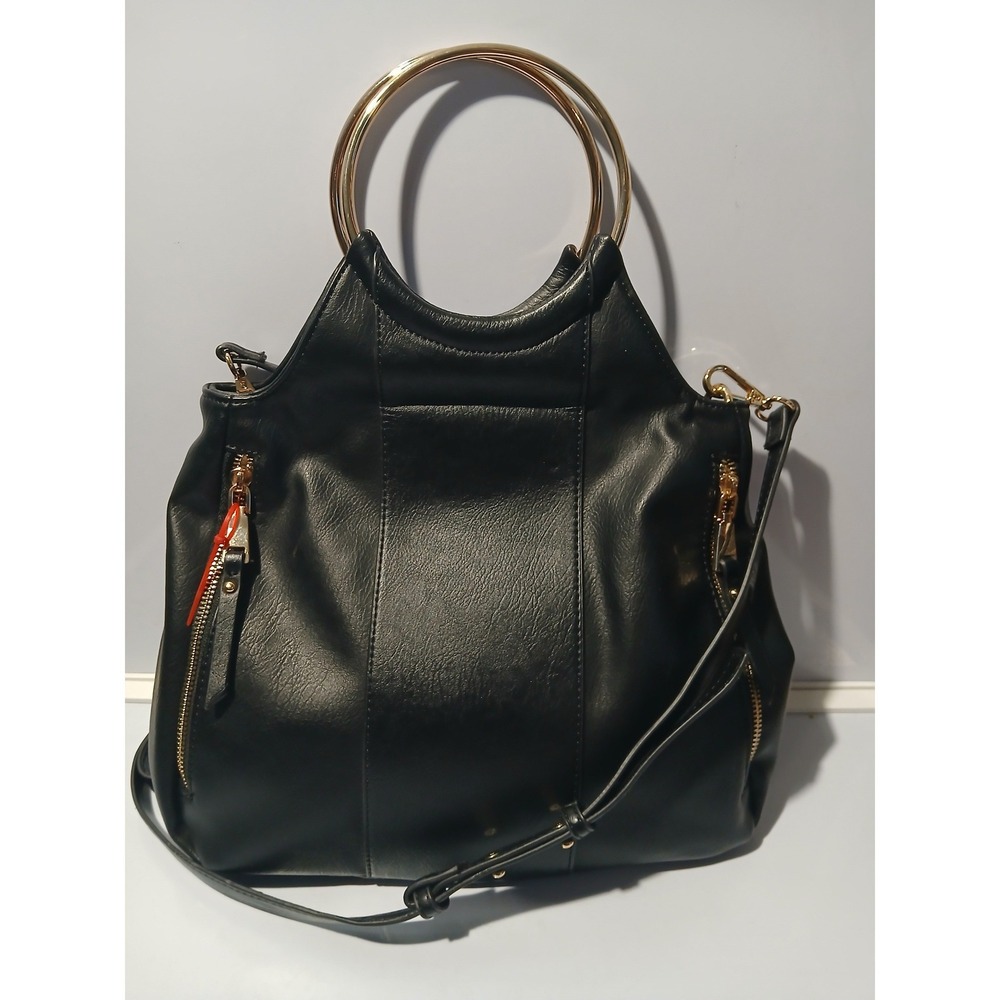 INC International Concepts Black Faux Leather Shoulder Bag‎ Gold Ring Handles